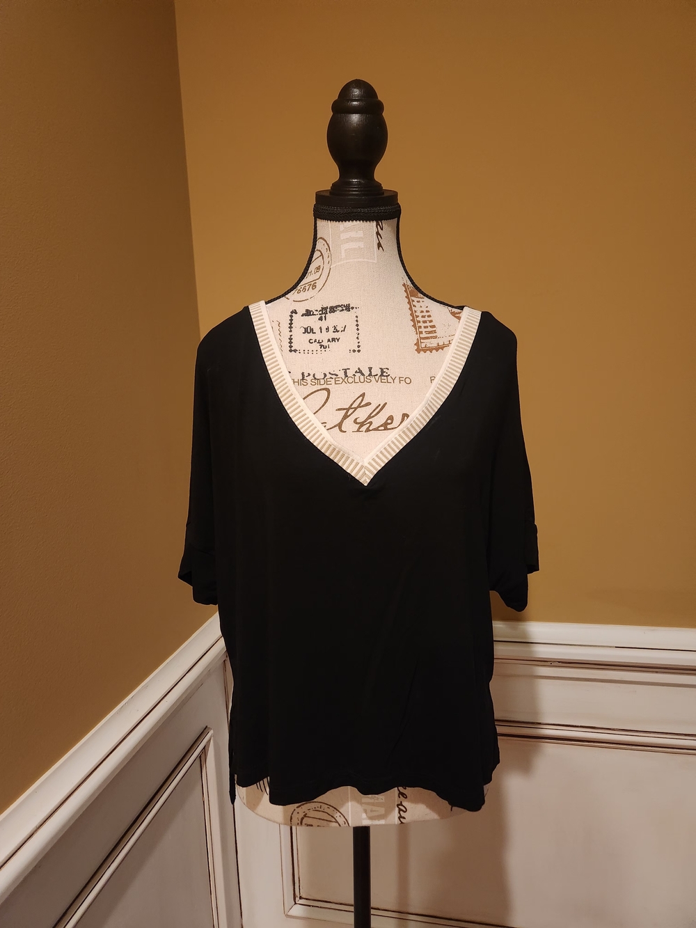 Zane Black V-Neck Short Sleeve Top with White Trim